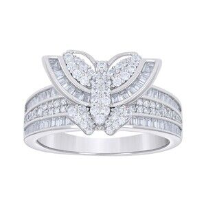 925 Sterling Silver Womens Baguette Round Cubic-Zirconia Butterfly Ring Size 9